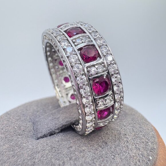 VTG Sterling Silver 925 Red & White Cubic Zirconia Statement Ring Size 10.5 - Picture 2 of 9